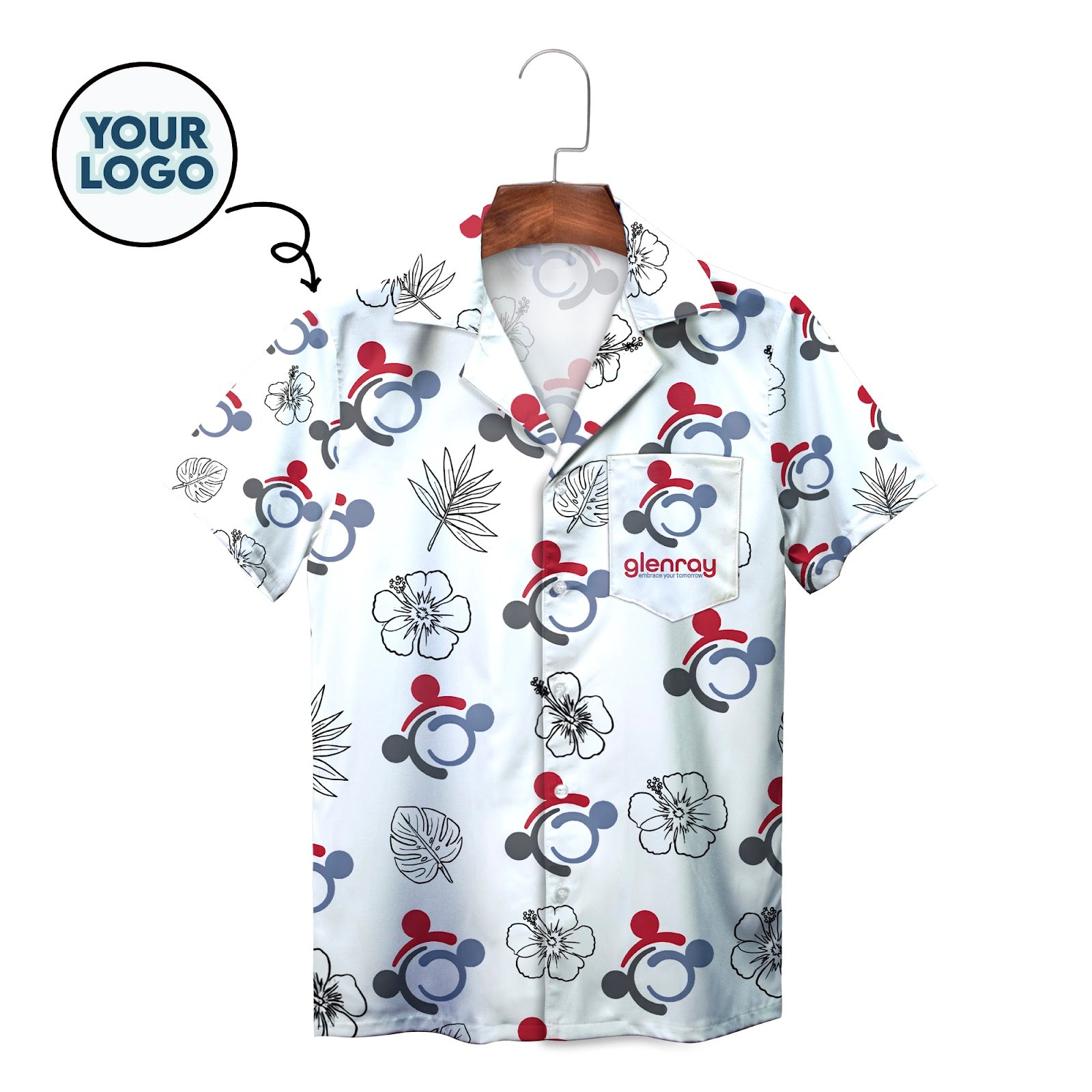 White Hawaiian shirt with Mickey motifs hibiscus and logo pocket