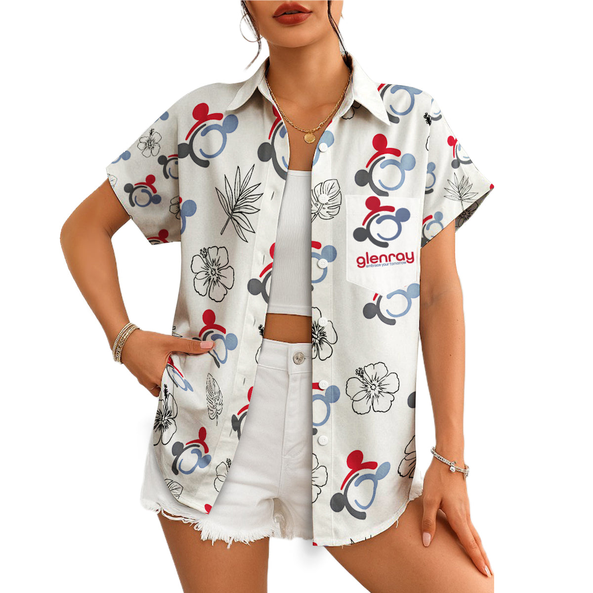 White Hawaiian shirt with Mickey motifs hibiscus and logo pocket variant 4