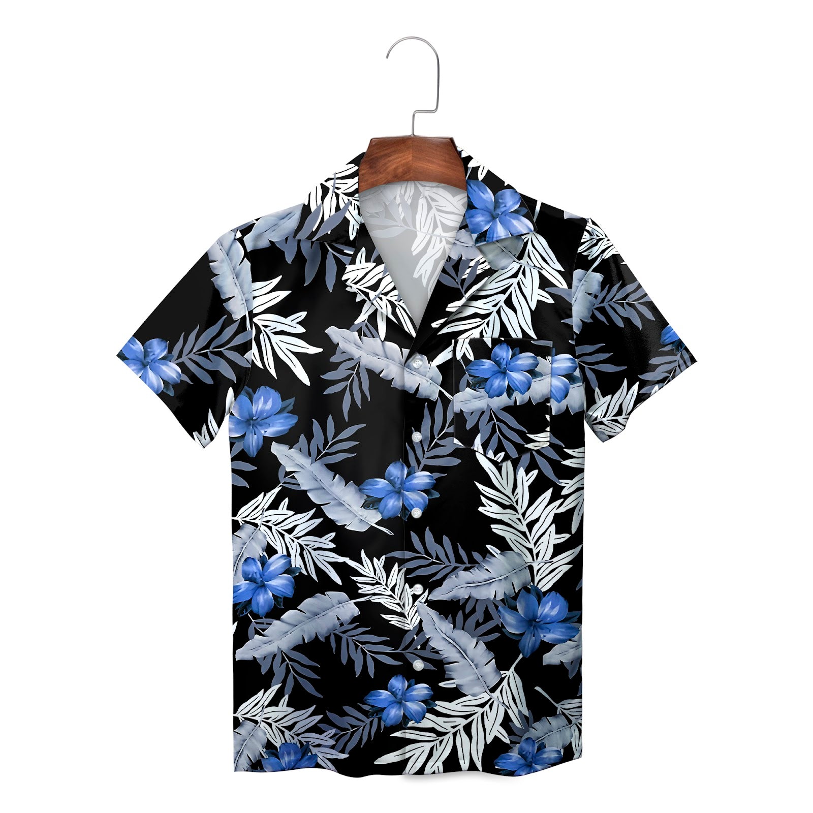 Black Hawaiian shirt with blue flowers and grey tropical leaves