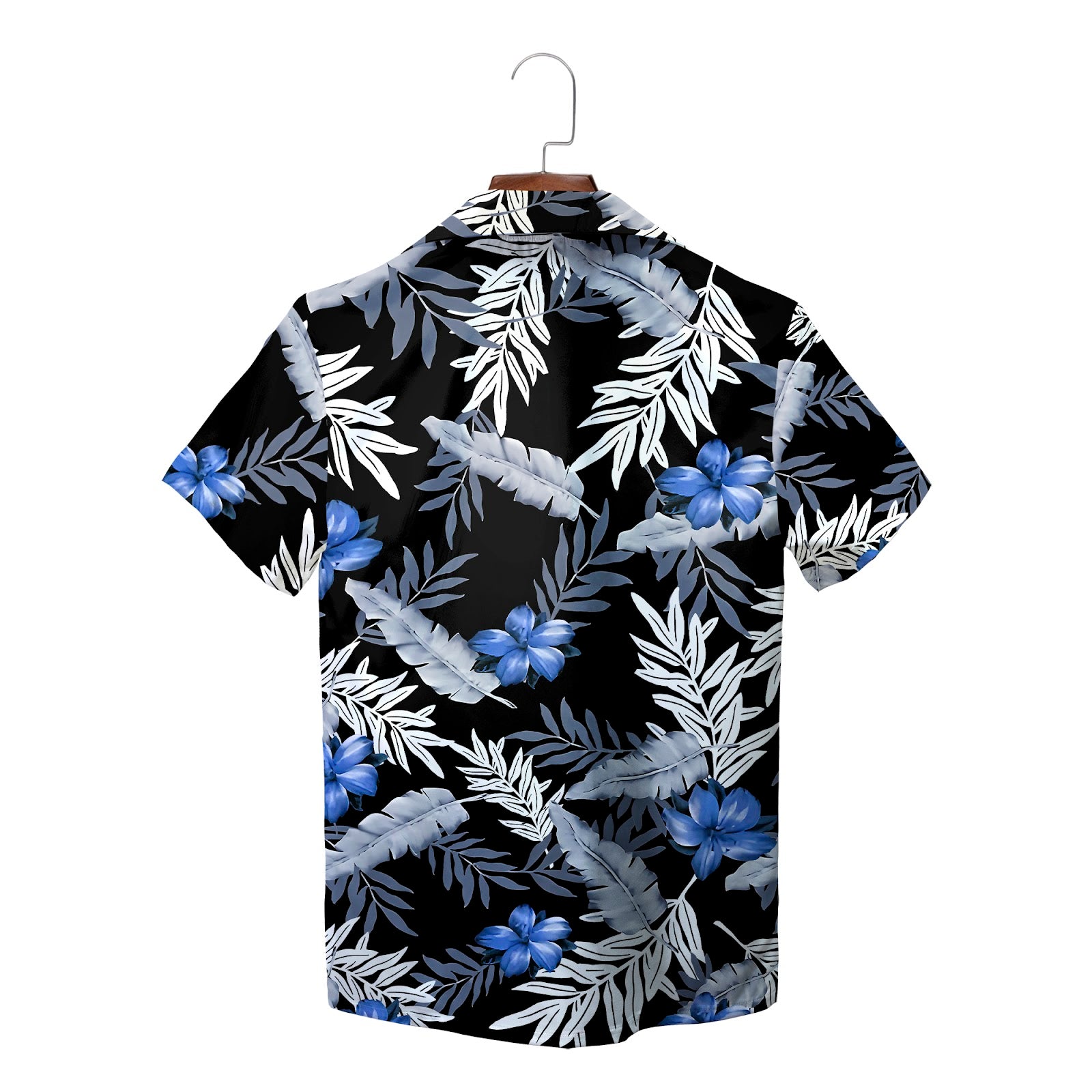 Black Hawaiian shirt with blue flowers and grey tropical leaves variant 2