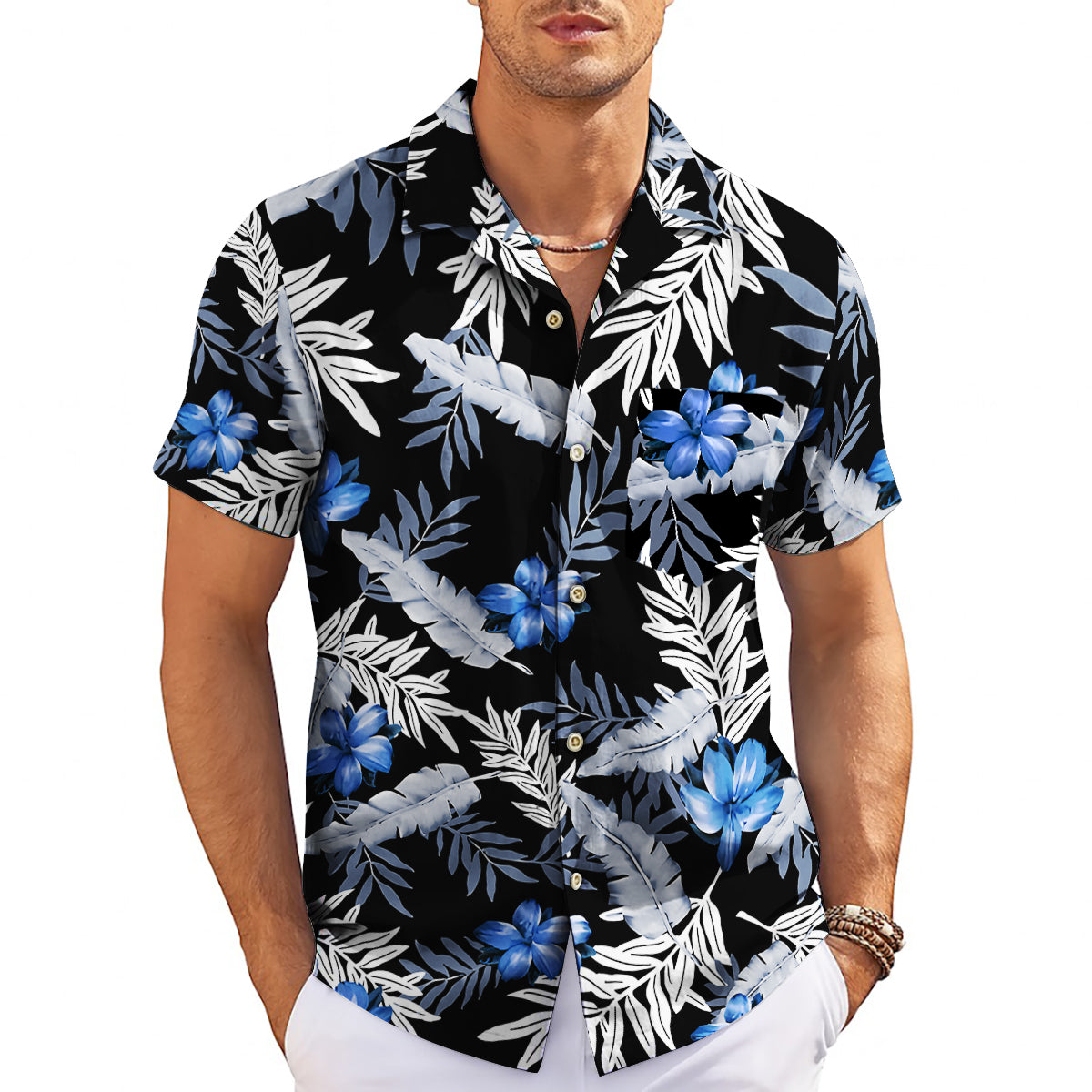 Black Hawaiian shirt with blue flowers and grey tropical leaves variant 3