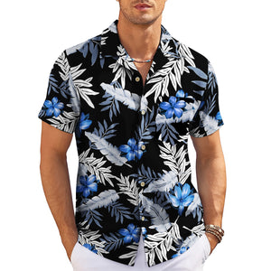 Black Hawaiian shirt with blue flowers and grey tropical leaves variant 3