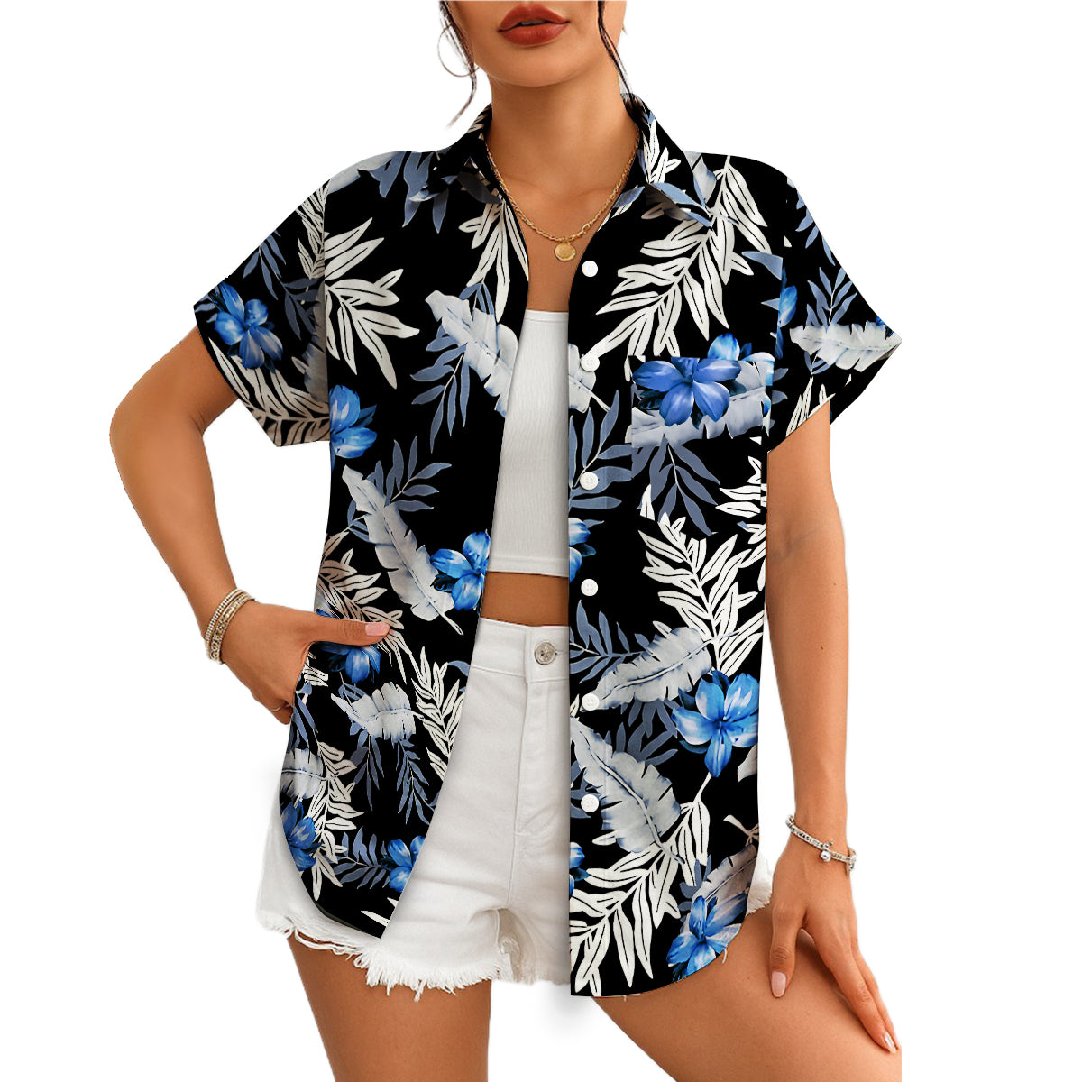 Black Hawaiian shirt with blue flowers and grey tropical leaves variant 4