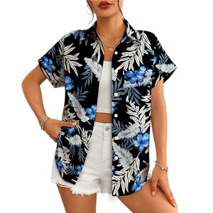 Black Hawaiian shirt with blue flowers and grey tropical leaves variant 4