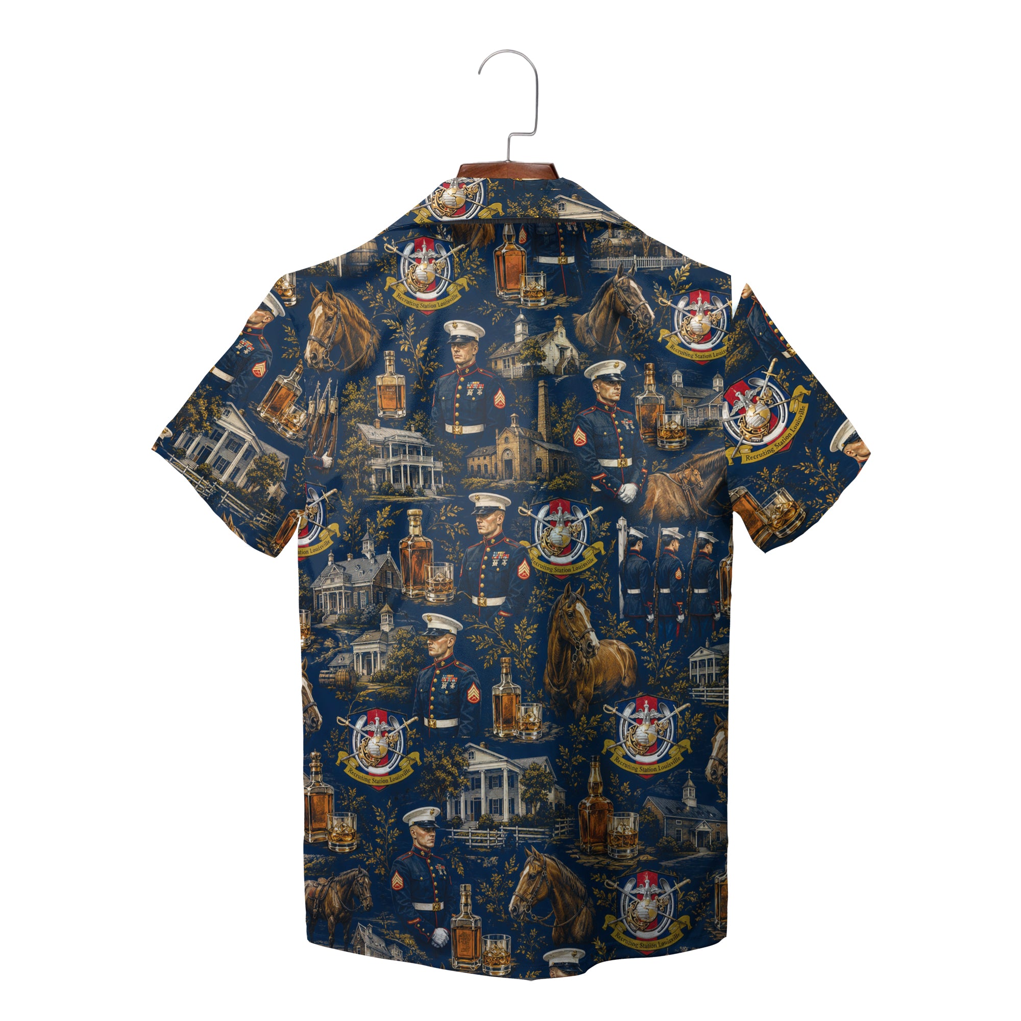 Navy Hawaiian shirt with Marines horses bourbon bottles print variant 2