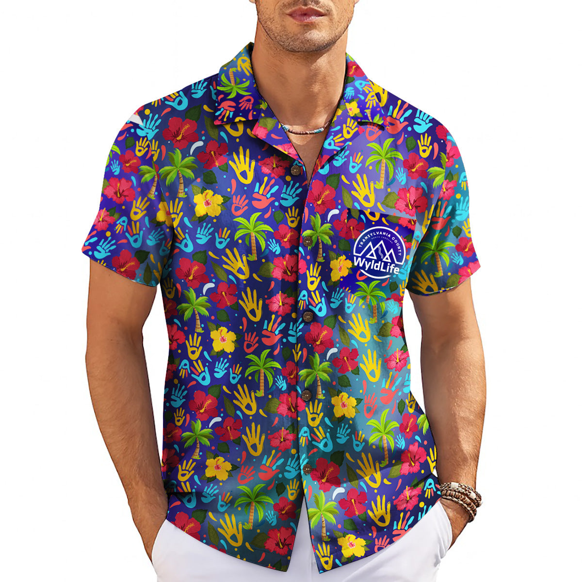 Indigo Hawaiian shirt with red yellow blue handprints WyldLife badge variant 10