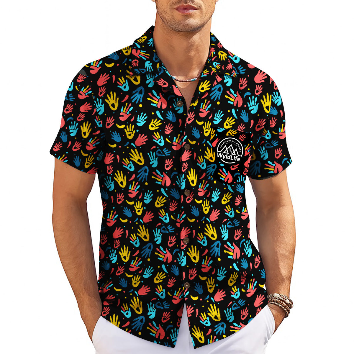 Indigo Hawaiian shirt with red yellow blue handprints WyldLife badge variant 11