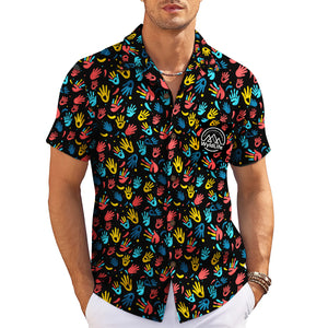 Indigo Hawaiian shirt with red yellow blue handprints WyldLife badge variant 11