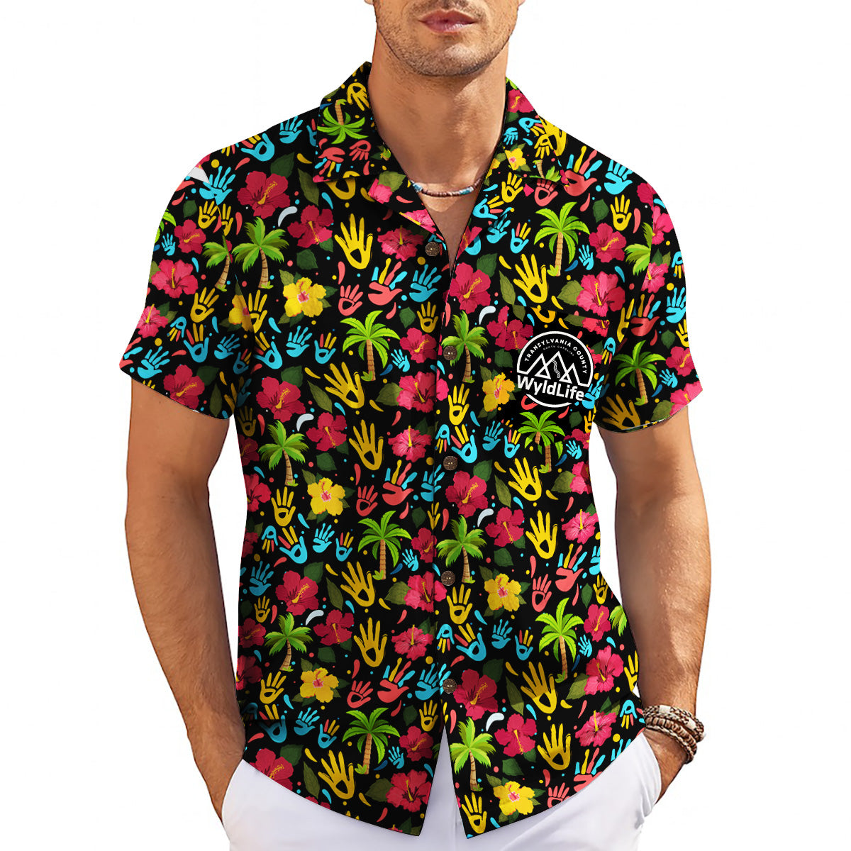 Indigo Hawaiian shirt with red yellow blue handprints WyldLife badge variant 12
