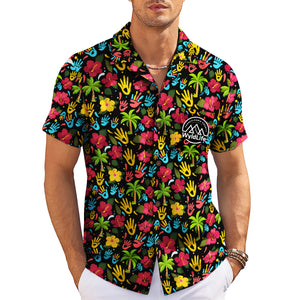 Indigo Hawaiian shirt with red yellow blue handprints WyldLife badge variant 12
