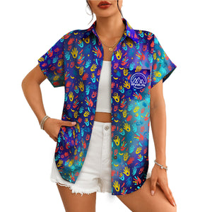 Indigo Hawaiian shirt with red yellow blue handprints WyldLife badge variant 13