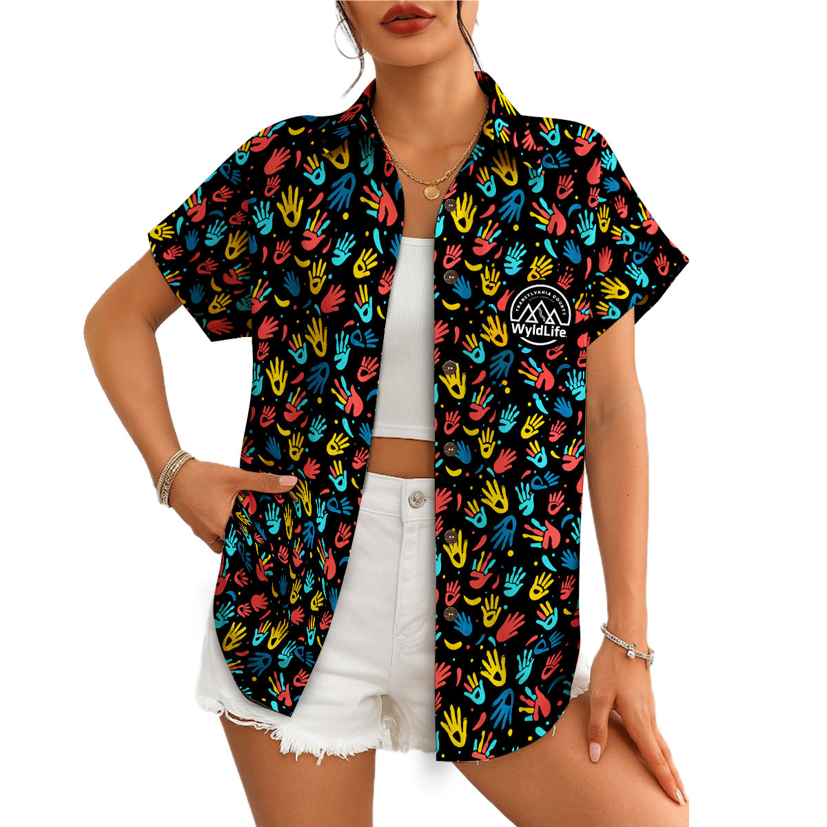 Indigo Hawaiian shirt with red yellow blue handprints WyldLife badge variant 15