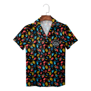 Indigo Hawaiian shirt with red yellow blue handprints WyldLife badge variant 3
