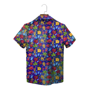 Indigo Hawaiian shirt with red yellow blue handprints WyldLife badge variant 6
