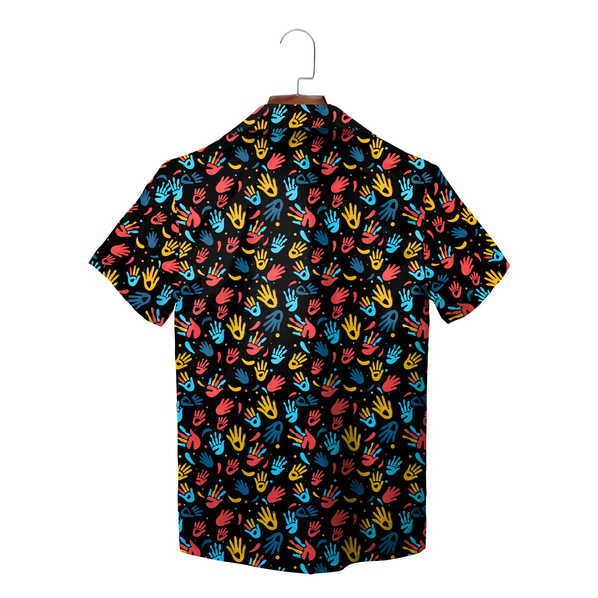 Indigo Hawaiian shirt with red yellow blue handprints WyldLife badge variant 7