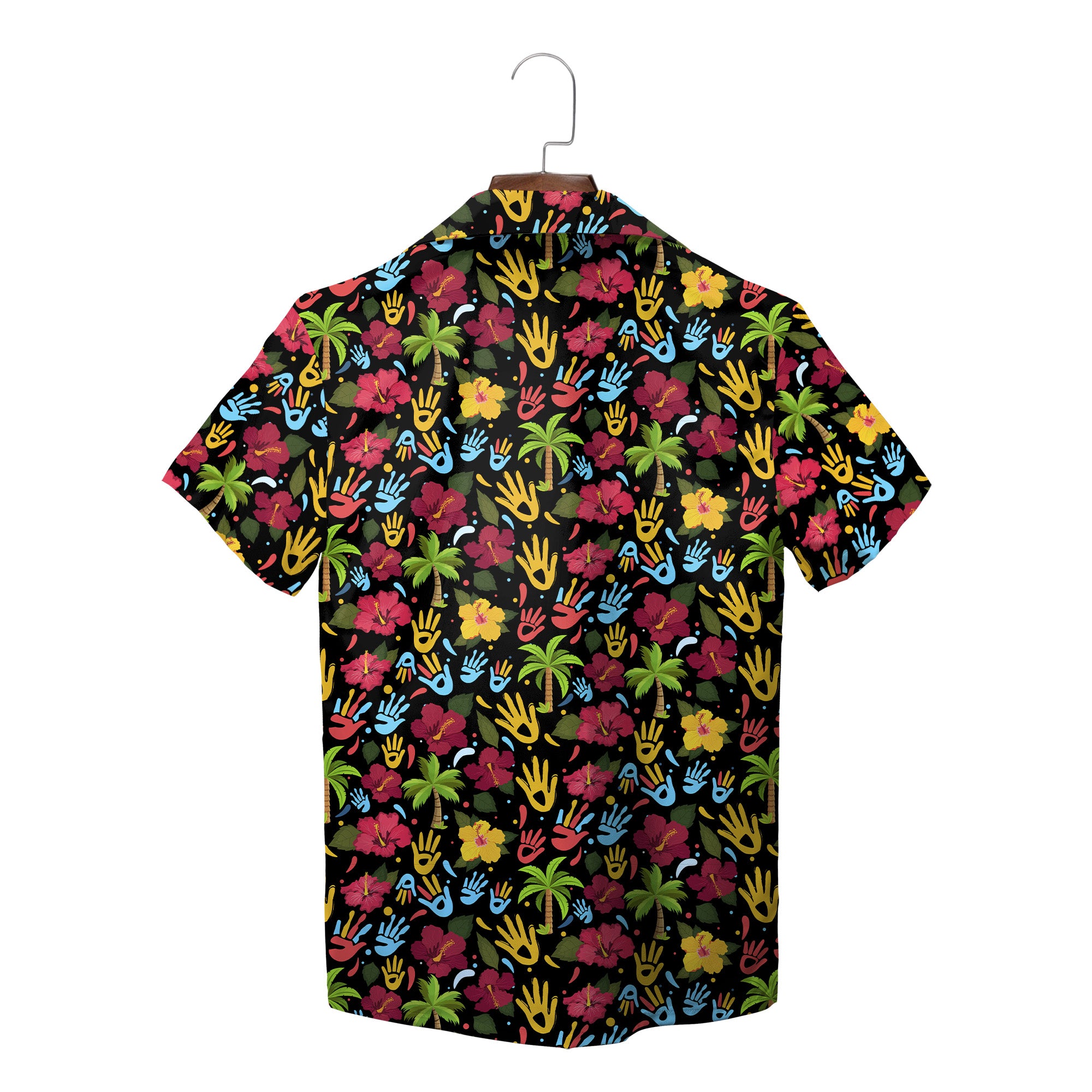 Indigo Hawaiian shirt with red yellow blue handprints WyldLife badge variant 8
