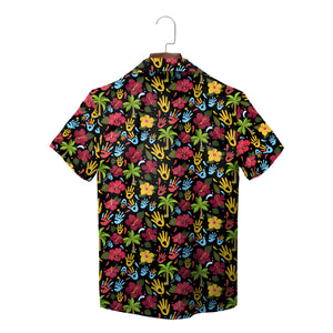 Indigo Hawaiian shirt with red yellow blue handprints WyldLife badge variant 8