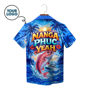 Blue Hawaiian shirt featuring jumping red fish ocean palm trees variant 2