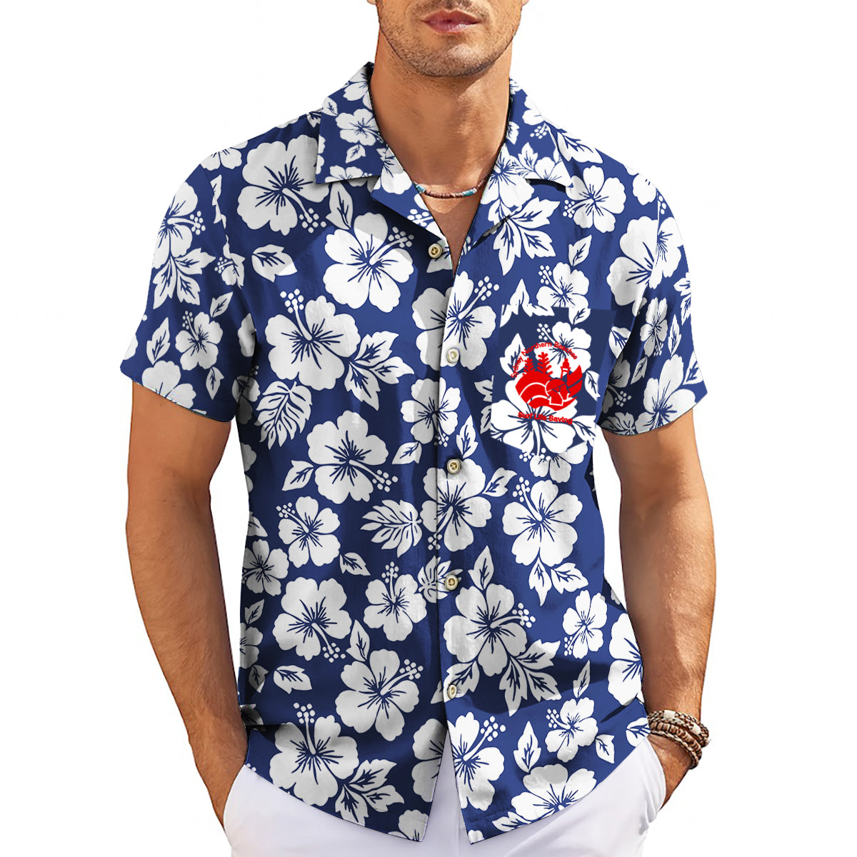 White hibiscus pattern navy Hawaiian shirt with red logo variant 3