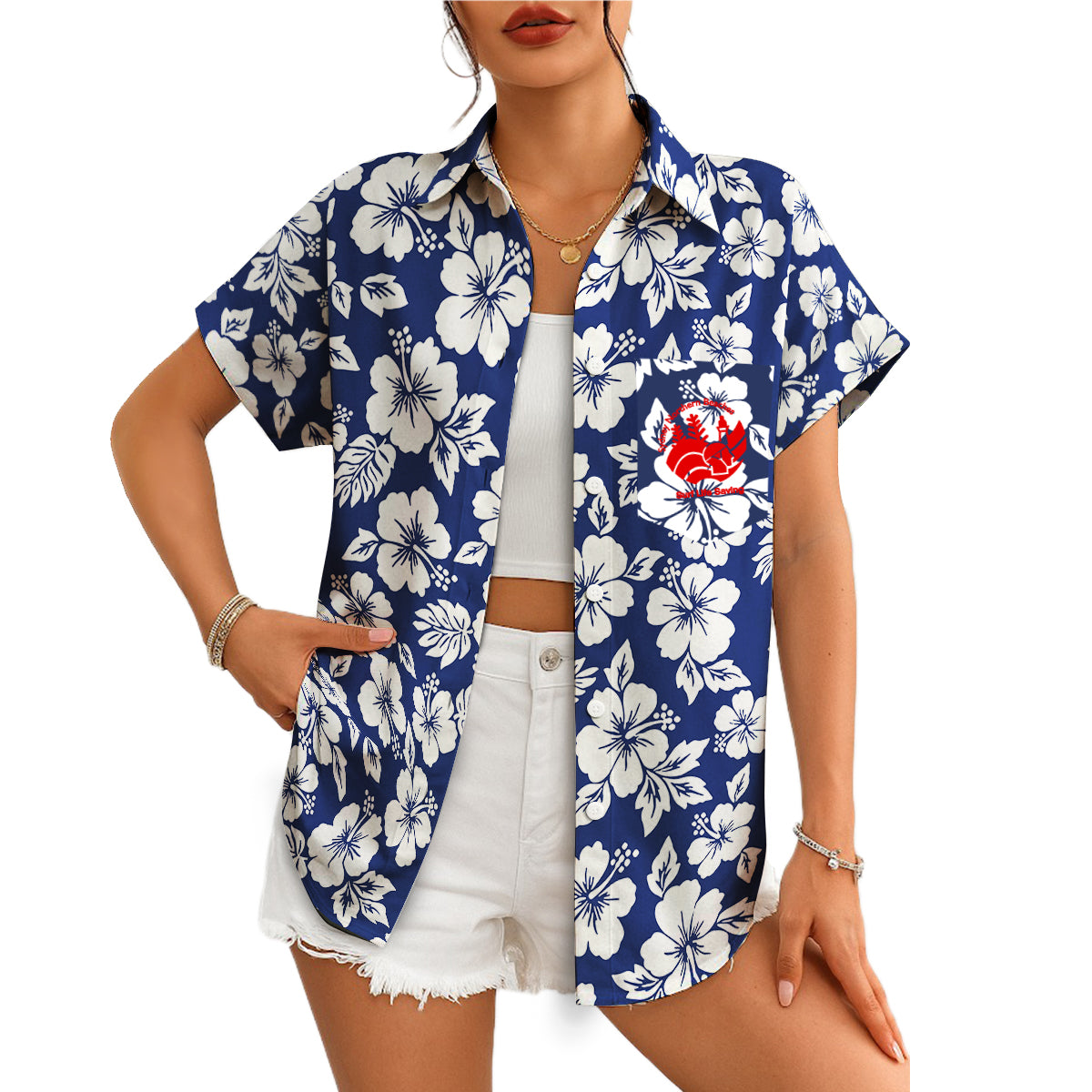 White hibiscus pattern navy Hawaiian shirt with red logo variant 4