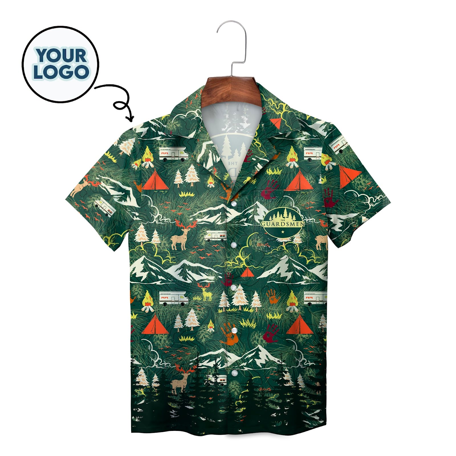 Green wilderness pattern Hawaiian shirt mountains tents deer