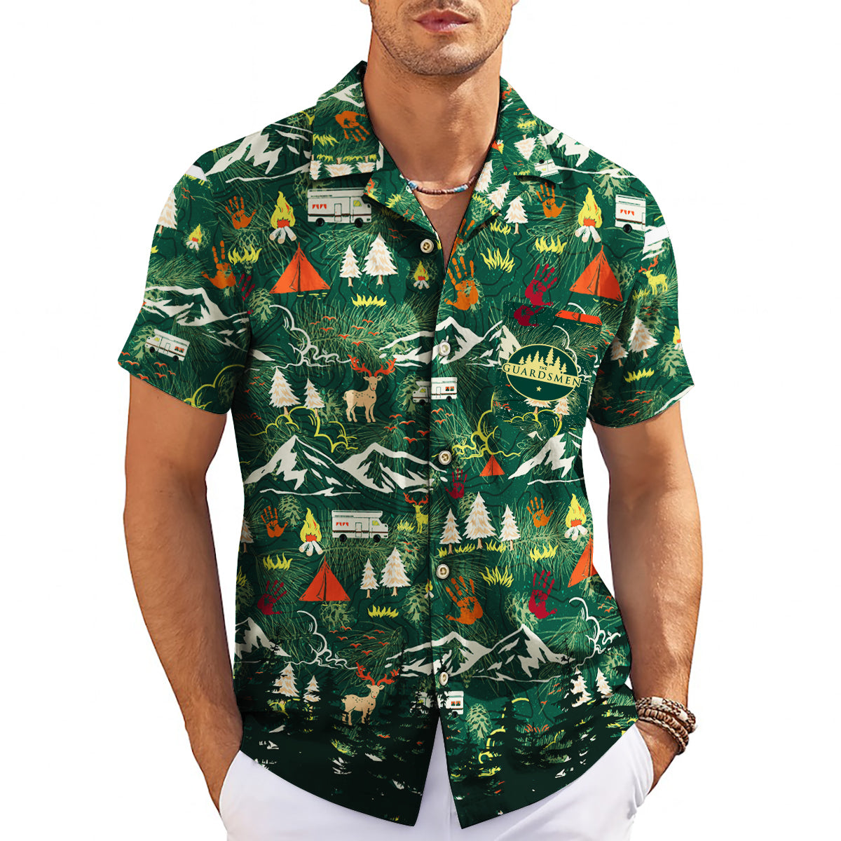 Green wilderness pattern Hawaiian shirt mountains tents deer variant 3