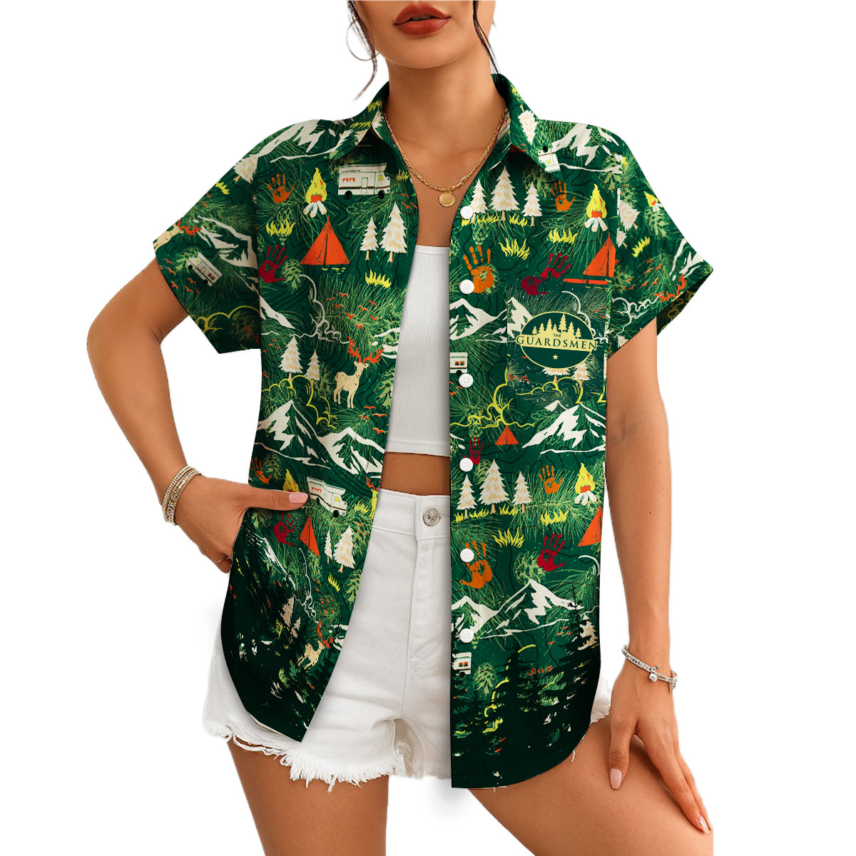 Green wilderness pattern Hawaiian shirt mountains tents deer variant 4