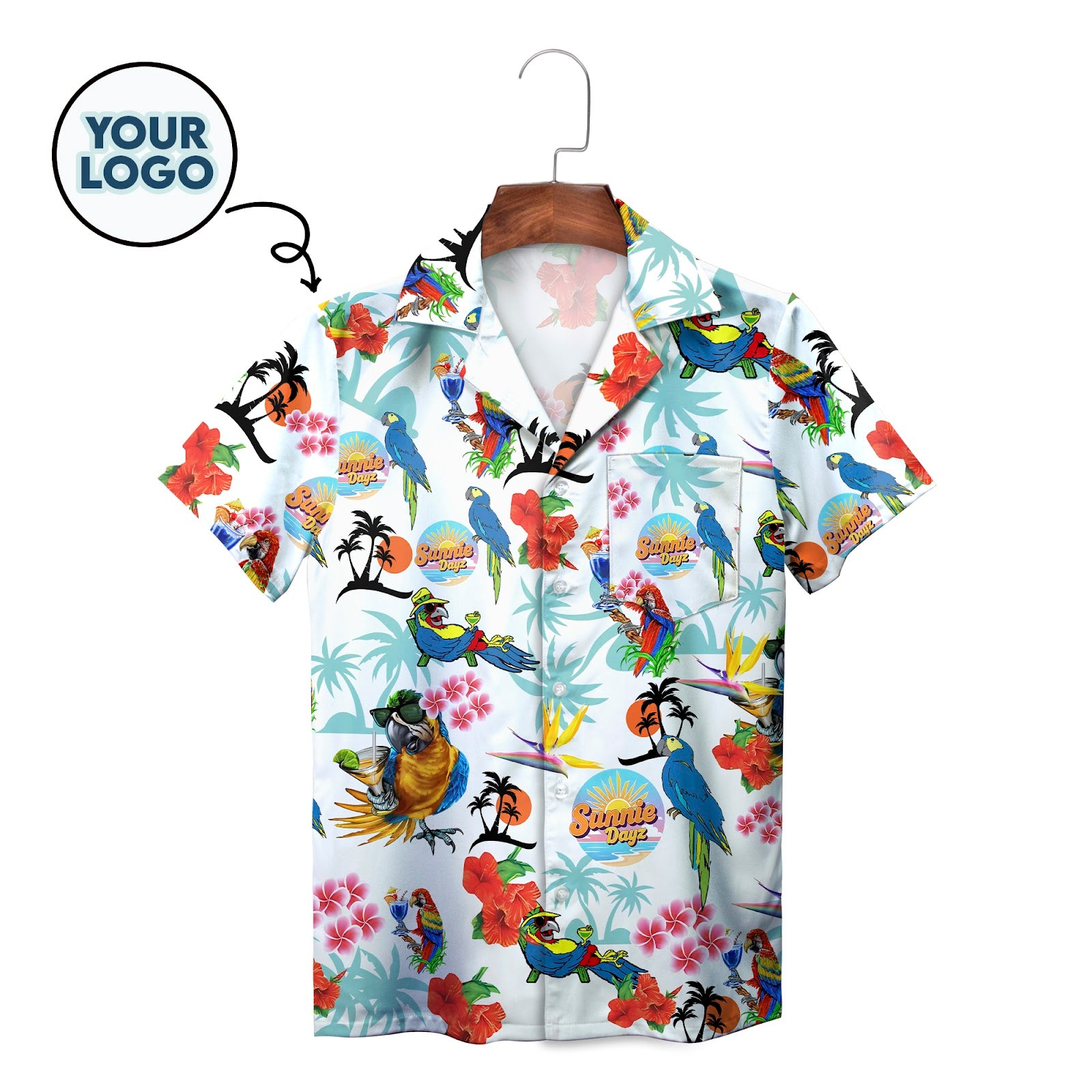 Colourful parrot and hibiscus print Hawaiian shirt on hanger