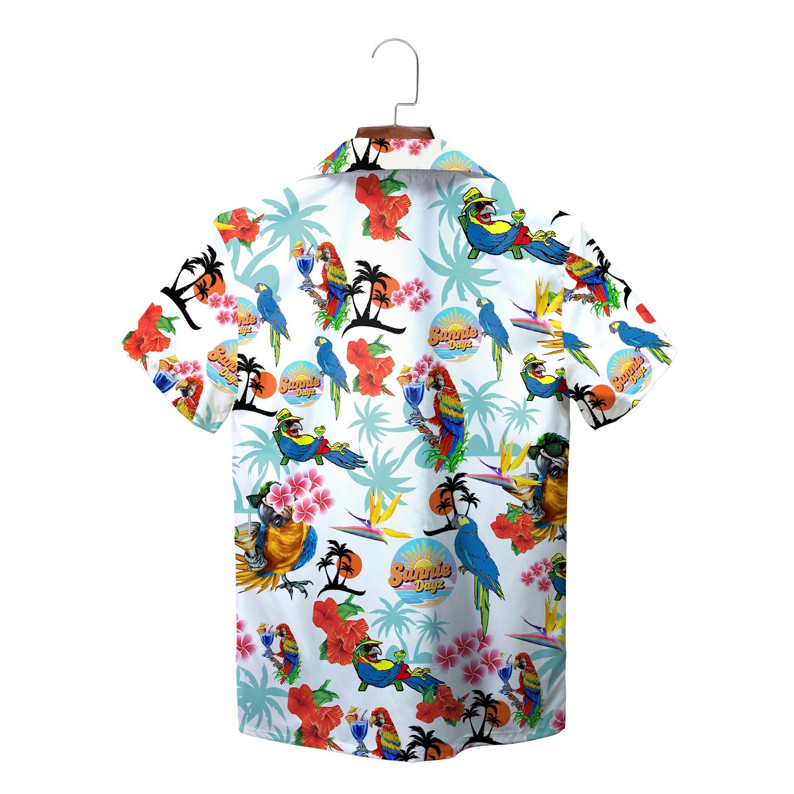 Colourful parrot and hibiscus print Hawaiian shirt on hanger variant 2