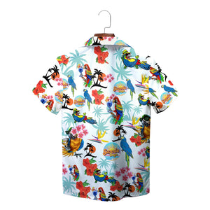 Colourful parrot and hibiscus print Hawaiian shirt on hanger variant 2