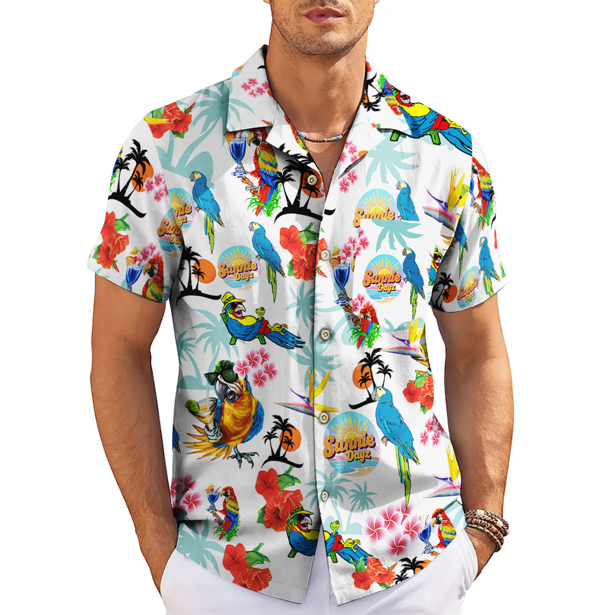 Colourful parrot and hibiscus print Hawaiian shirt on hanger variant 3