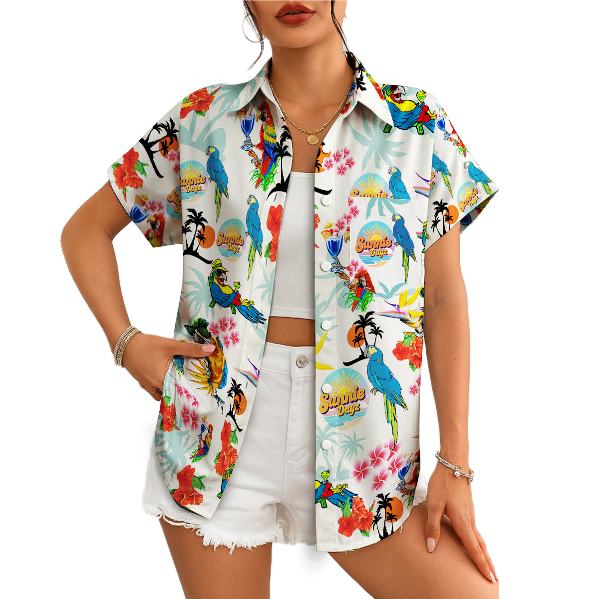 Colourful parrot and hibiscus print Hawaiian shirt on hanger variant 4