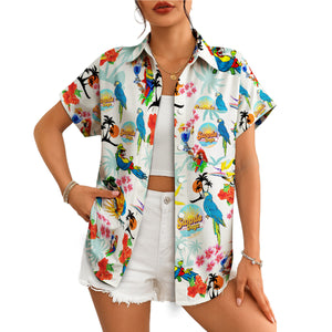 Colourful parrot and hibiscus print Hawaiian shirt on hanger variant 4