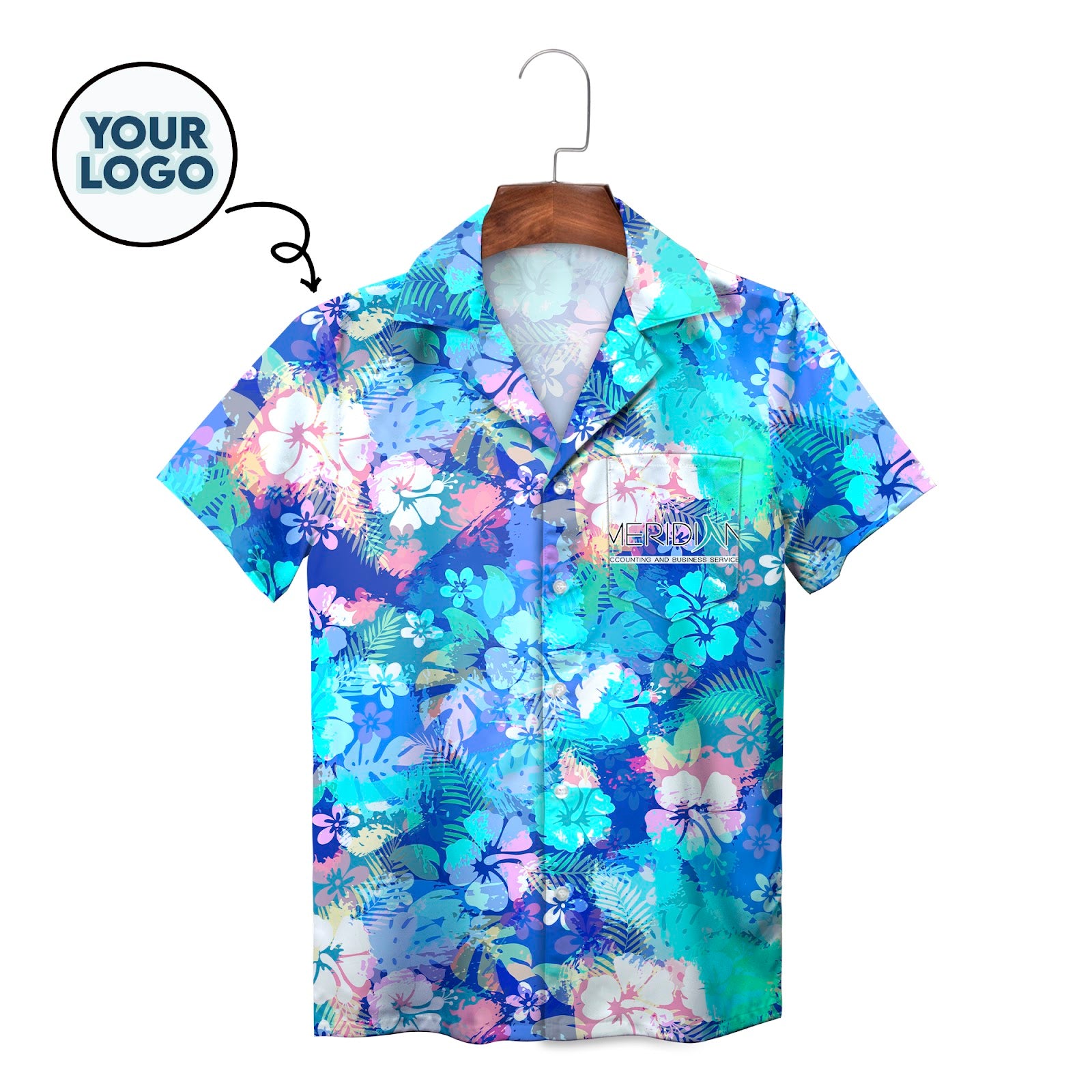 Blue pastel hibiscus monstera leaf Hawaiian shirt with logo pocket