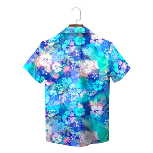 Blue pastel hibiscus monstera leaf Hawaiian shirt with logo pocket variant 2