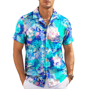 Blue pastel hibiscus monstera leaf Hawaiian shirt with logo pocket variant 3