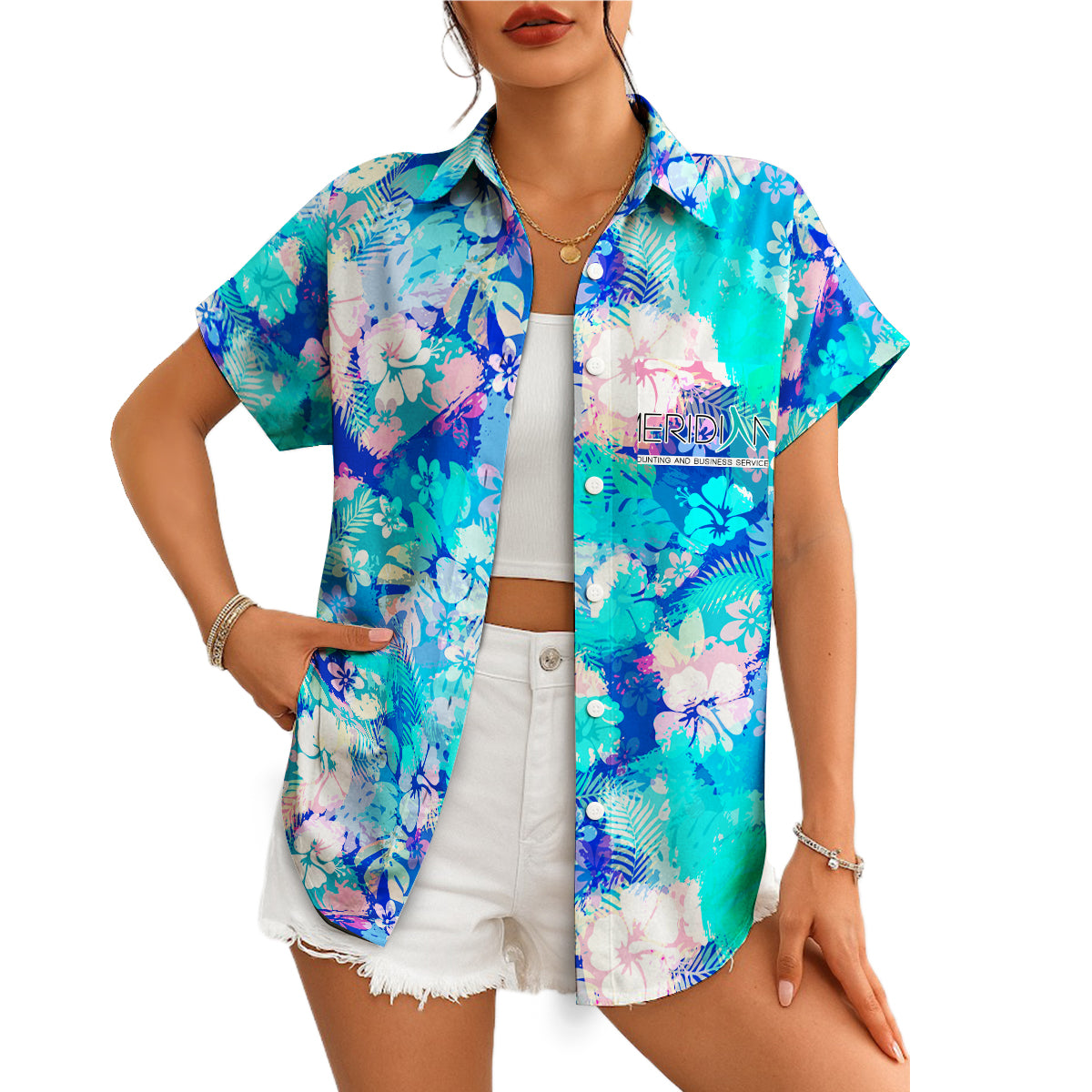 Blue pastel hibiscus monstera leaf Hawaiian shirt with logo pocket variant 4