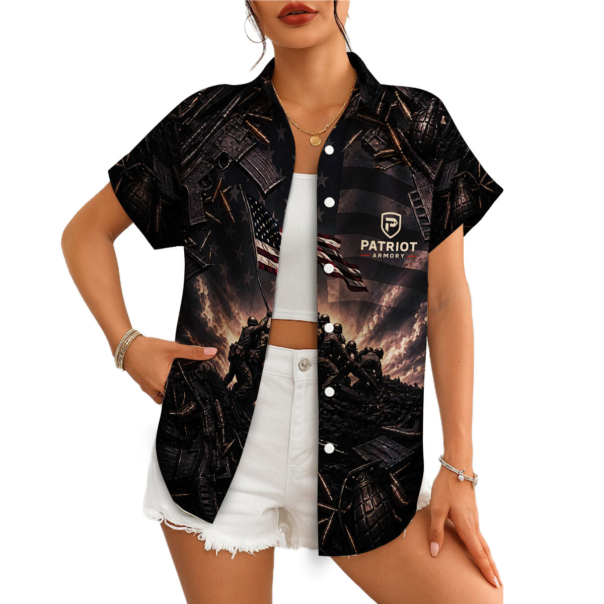 Dark camp shirt showing troops raising US flag amid weaponry variant 4