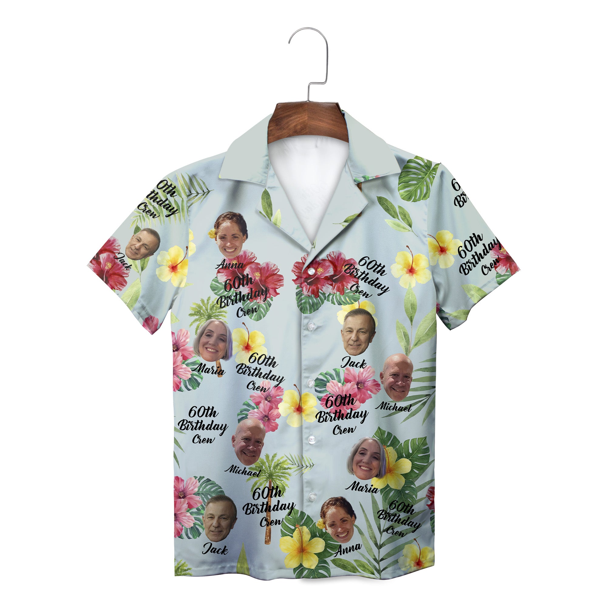 Personalised sage hibiscus 60th birthday crew Hawaiian shirt