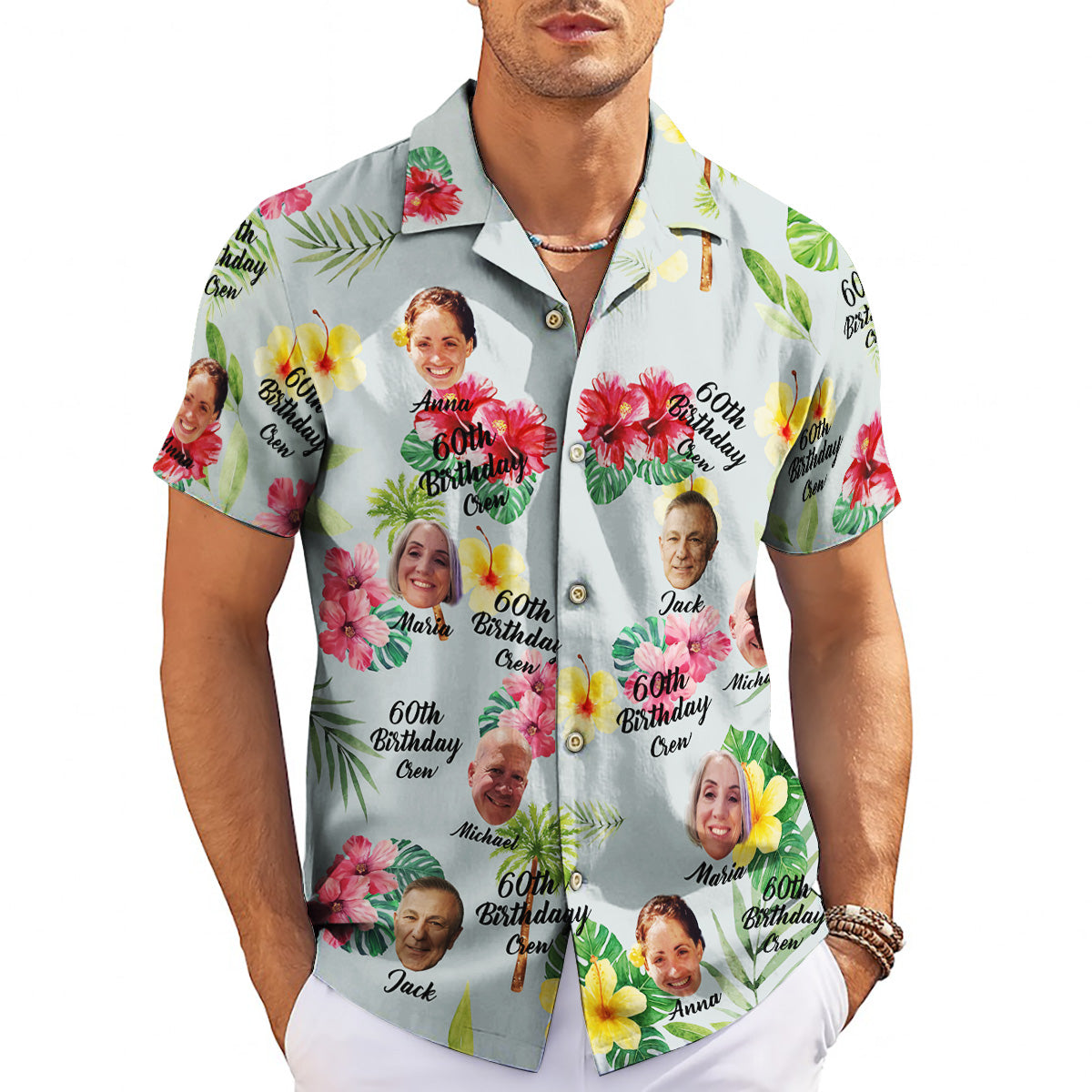 Personalised sage hibiscus 60th birthday crew Hawaiian shirt variant 3