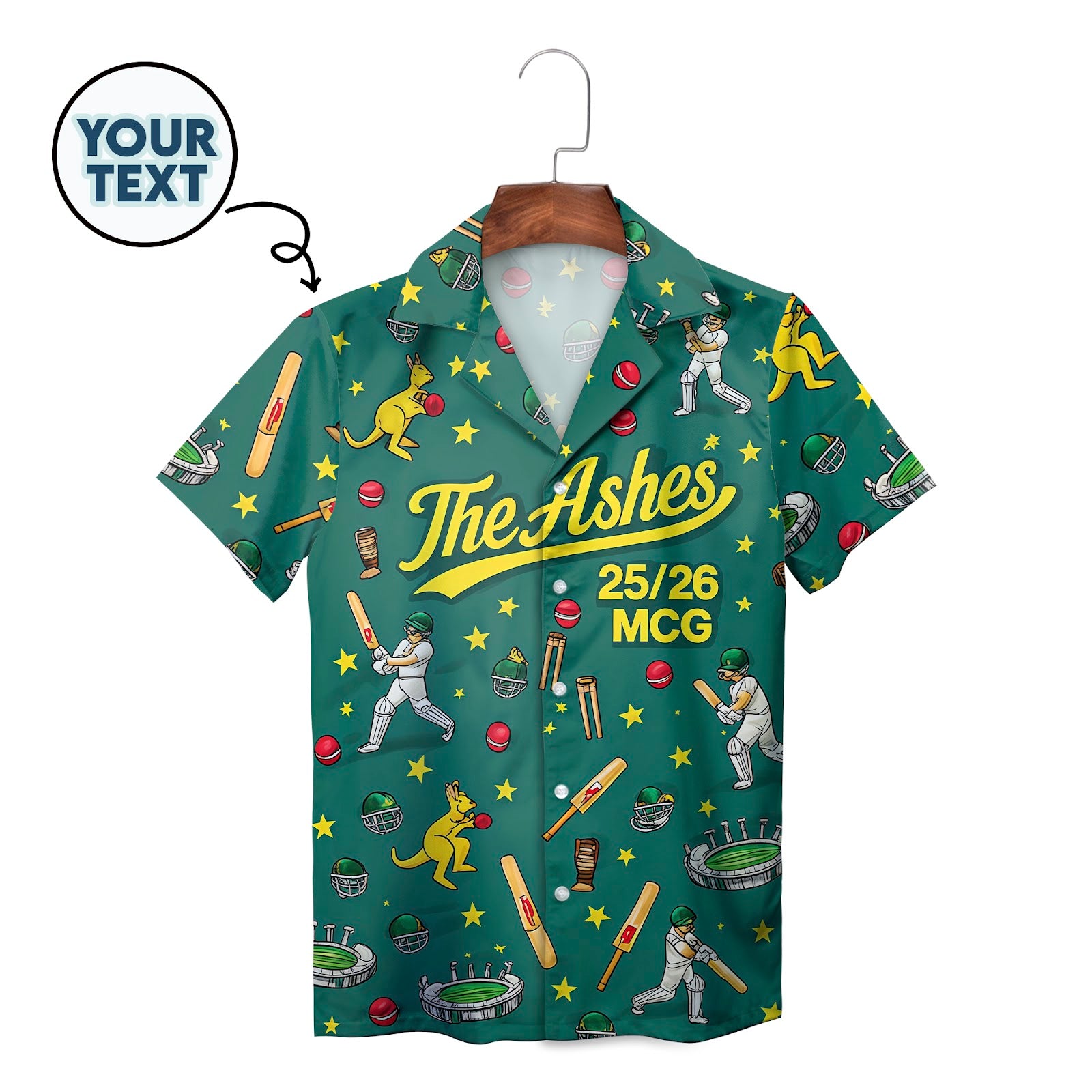 Green cricket themed Hawaiian shirt with kangaroos and batsmen