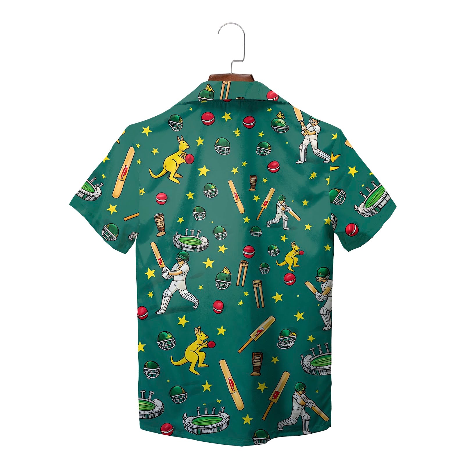 Green cricket themed Hawaiian shirt with kangaroos and batsmen variant 2