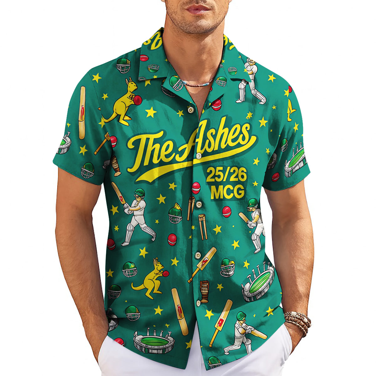 Green cricket themed Hawaiian shirt with kangaroos and batsmen variant 3