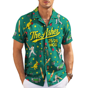 Green cricket themed Hawaiian shirt with kangaroos and batsmen variant 3