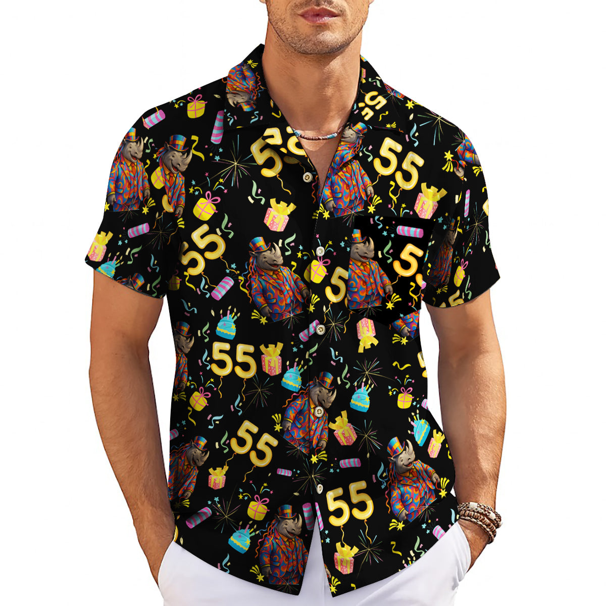 Black Hawaiian shirt with party rhino birthday cake gifts pattern variant 3
