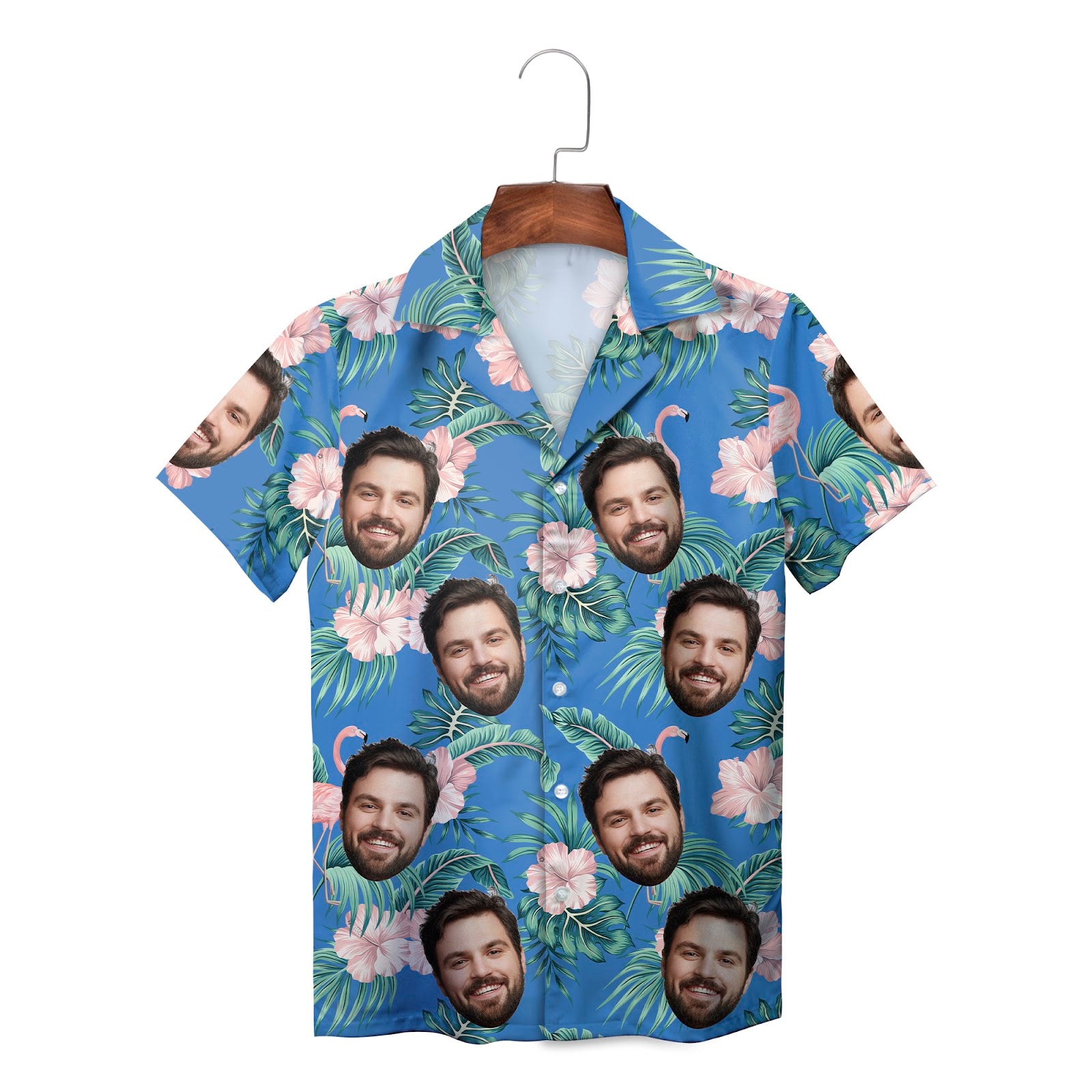 Blue Hawaiian shirt with custom face print flamingos hibiscus