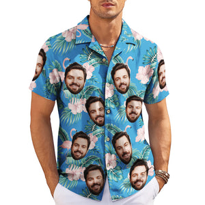 Blue Hawaiian shirt with custom face print flamingos hibiscus variant 3