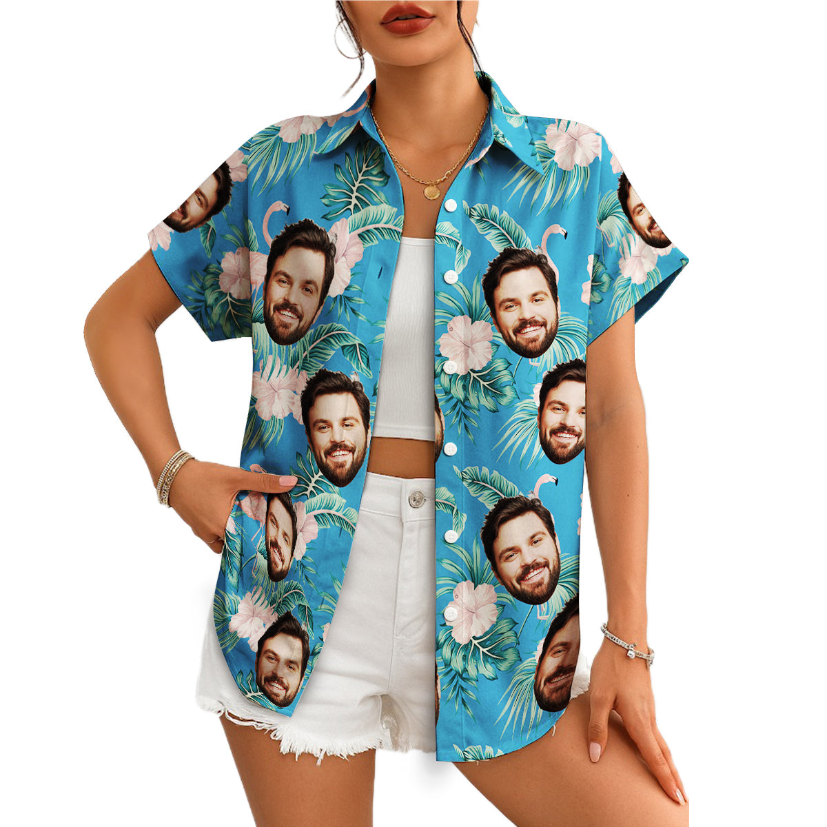 Blue Hawaiian shirt with custom face print flamingos hibiscus variant 4