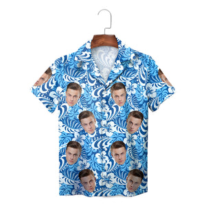 Blue white hibiscus Hawaiian shirt with repeated face print