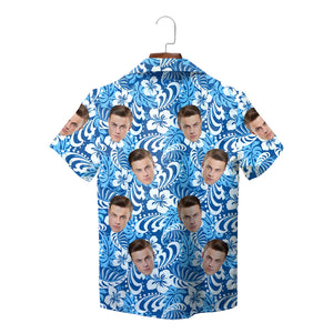 Blue white hibiscus Hawaiian shirt with repeated face print variant 2